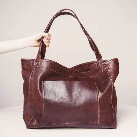 Retro Oil Wax PU Leather Tote Bag – Large Capacity Shoulder Handbag for Women