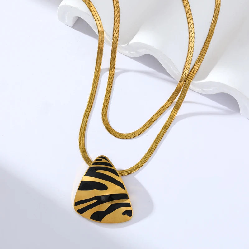 Tiger Stripe Dual-Layer Stainless Steel Pendant Necklace – Waterproof & Stylis