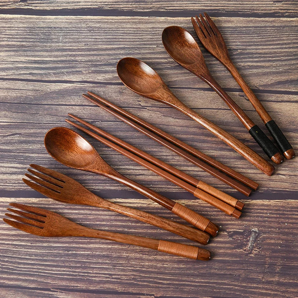 3-Piece Natural Wood Cutlery Set – Spoon, Fork & Chopsticks