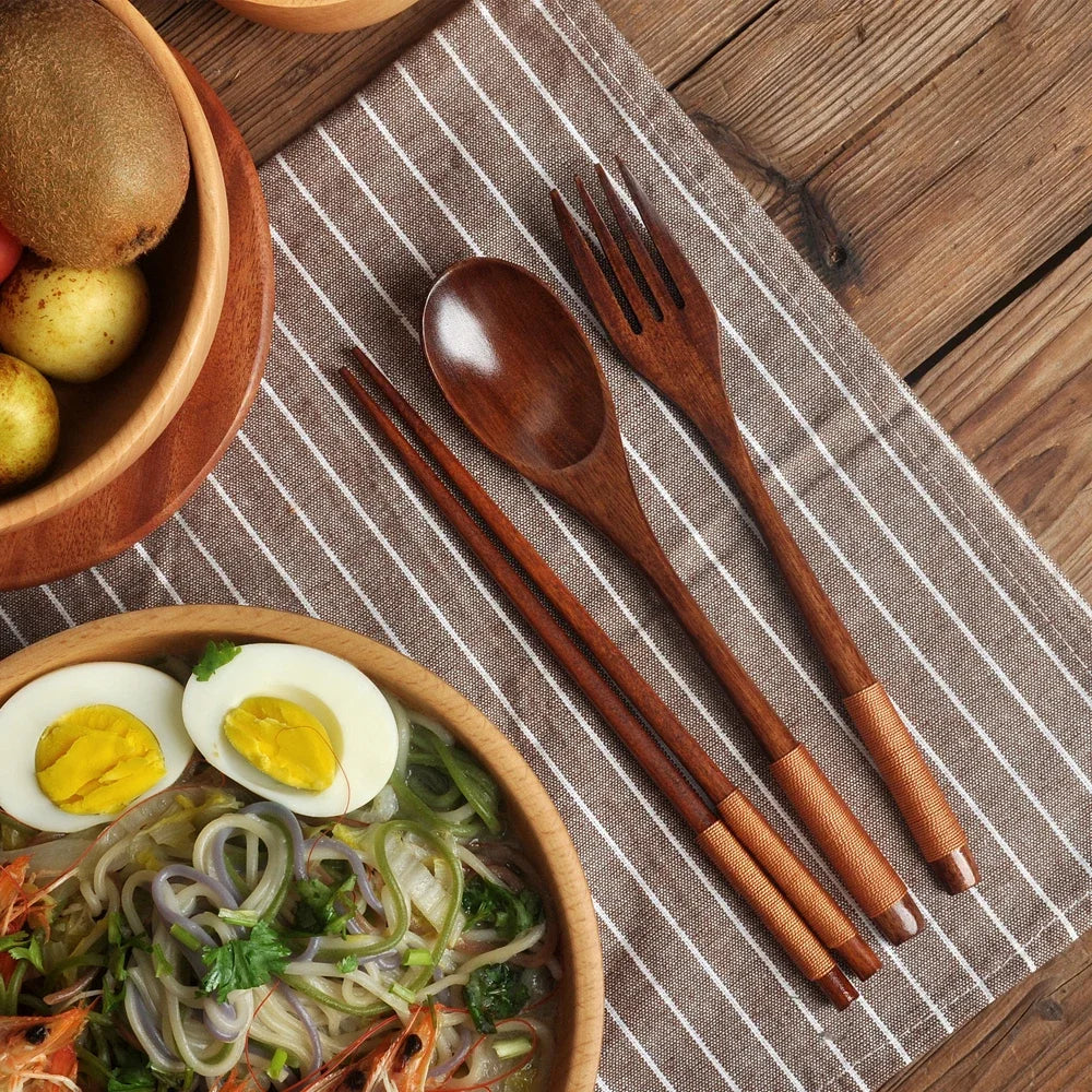 3-Piece Natural Wood Cutlery Set – Spoon, Fork & Chopsticks