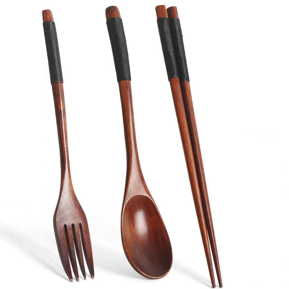 3-Piece Natural Wood Cutlery Set – Spoon, Fork & Chopsticks