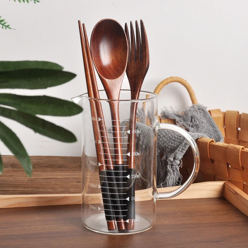 3-Piece Natural Wood Cutlery Set – Spoon, Fork & Chopsticks