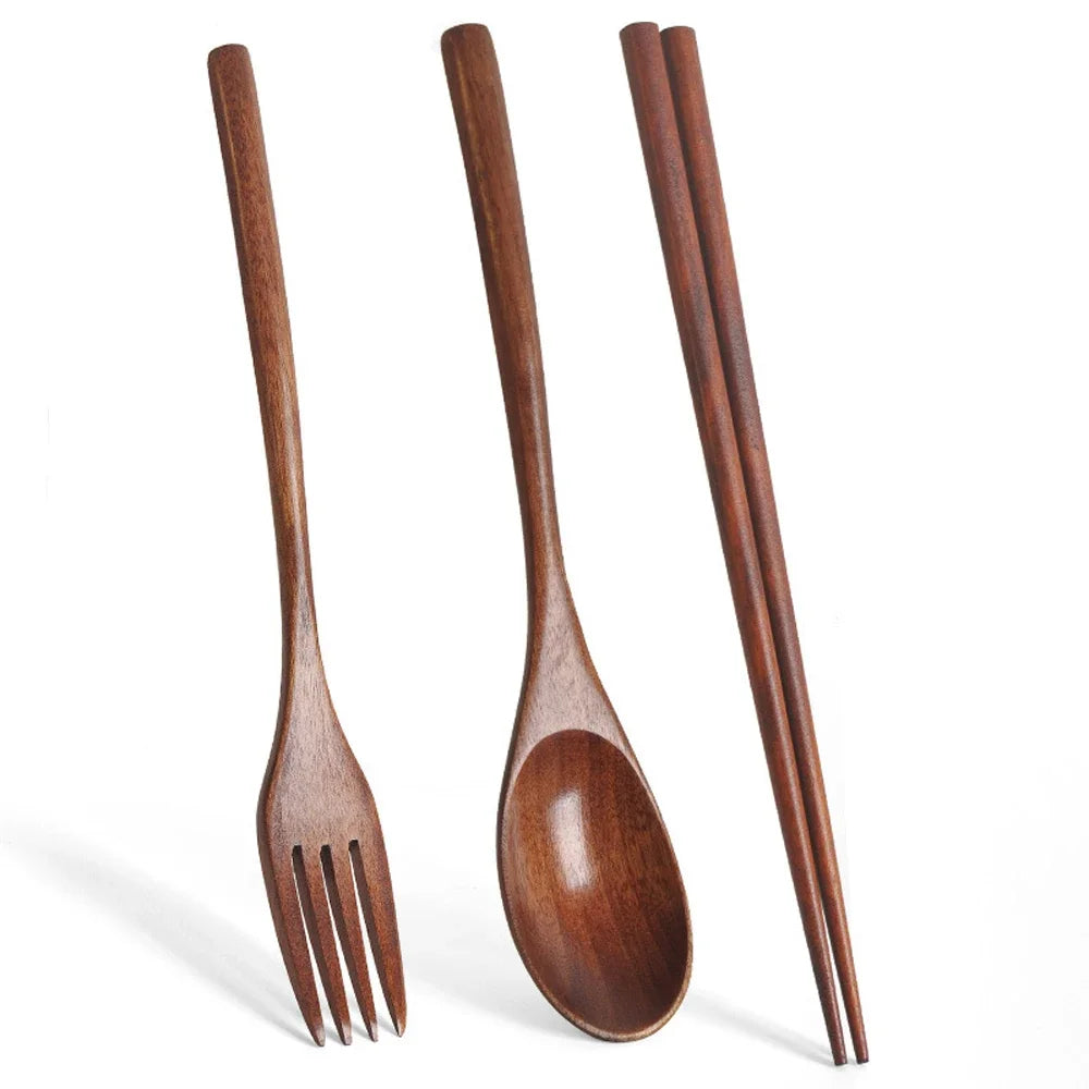 3-Piece Natural Wood Cutlery Set – Spoon, Fork & Chopsticks