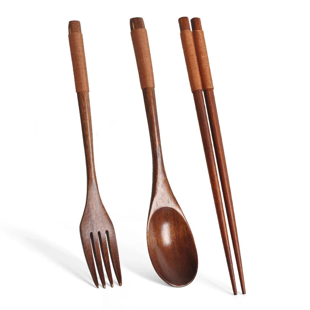 3-Piece Natural Wood Cutlery Set – Spoon, Fork & Chopsticks