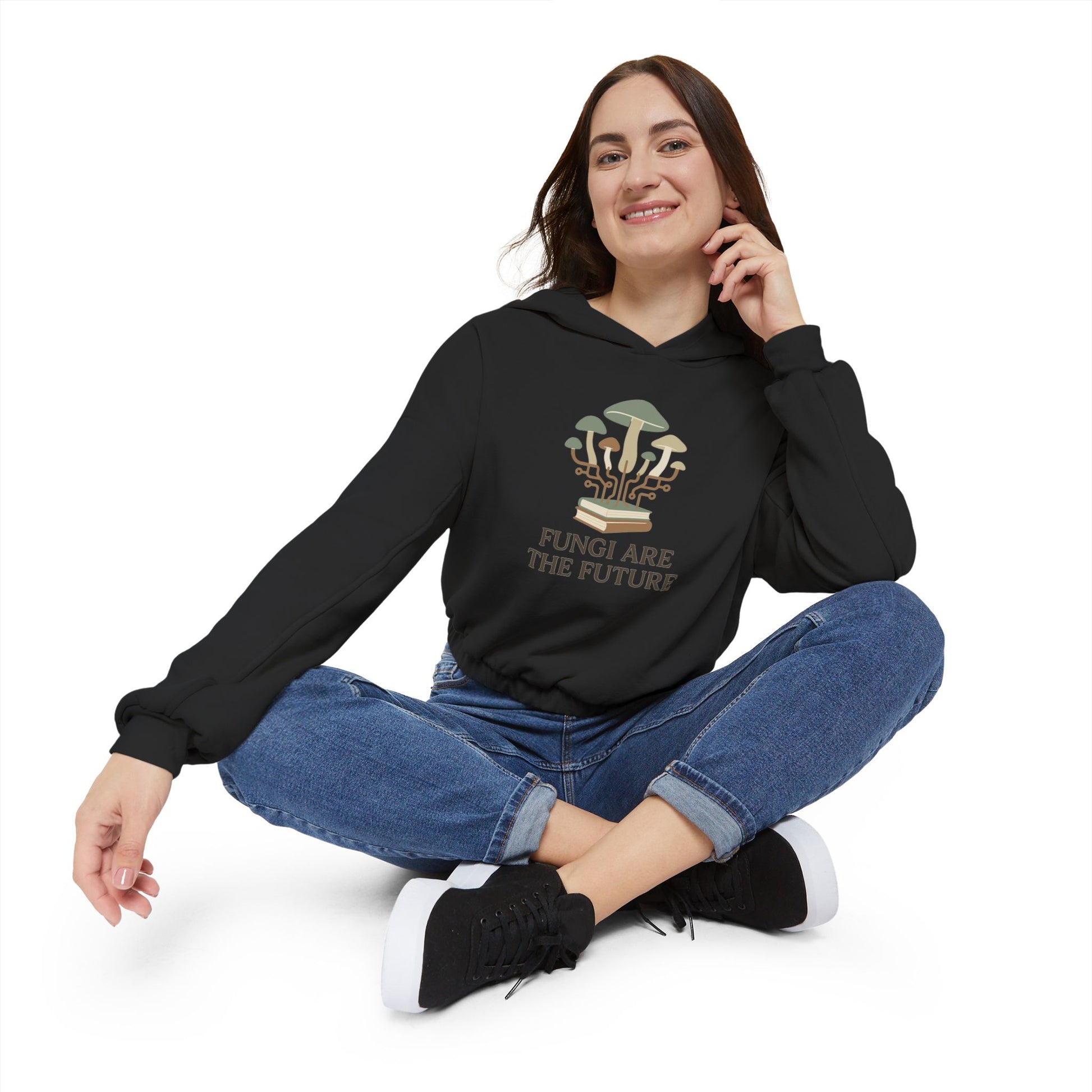 Fungi Future Women's Cinched Bottom Hoodie, Casual Wear, Eco-Friendly Gift, Nature Lover Apparel, Sustainable Fashion, Trendy Hoodie