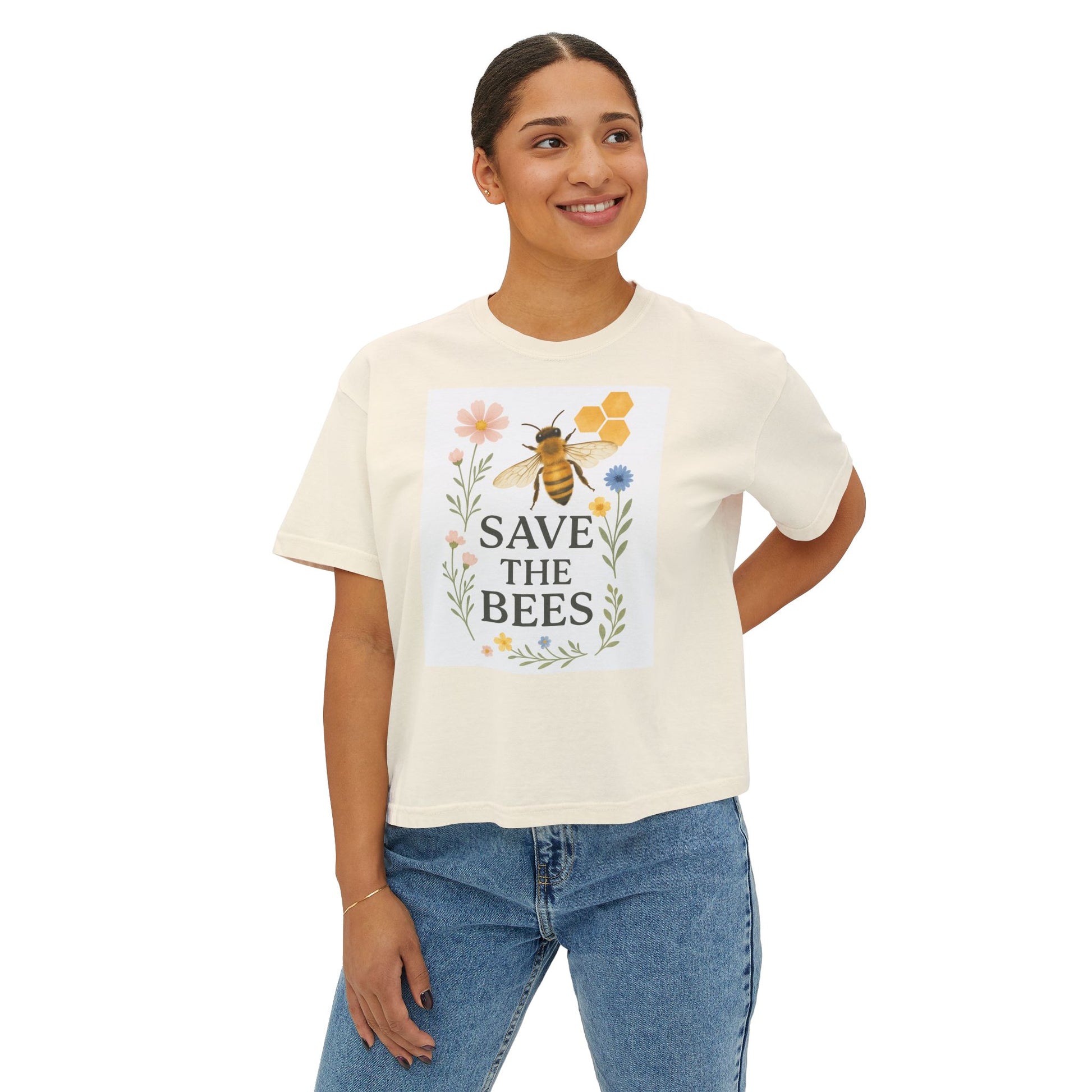 Save the Bees T-Shirt, Nature-Inspired Bee Lover Shirt, Eco-Friendly Graphic Tee,  Flower and Honeycomb Print, Organic Message Tee