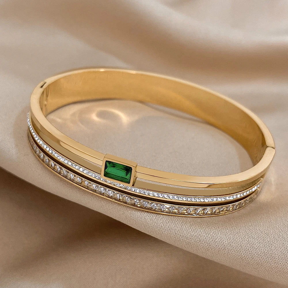 Elegant Wide Stainless Steel Bracelet with Green & White Rhinestones