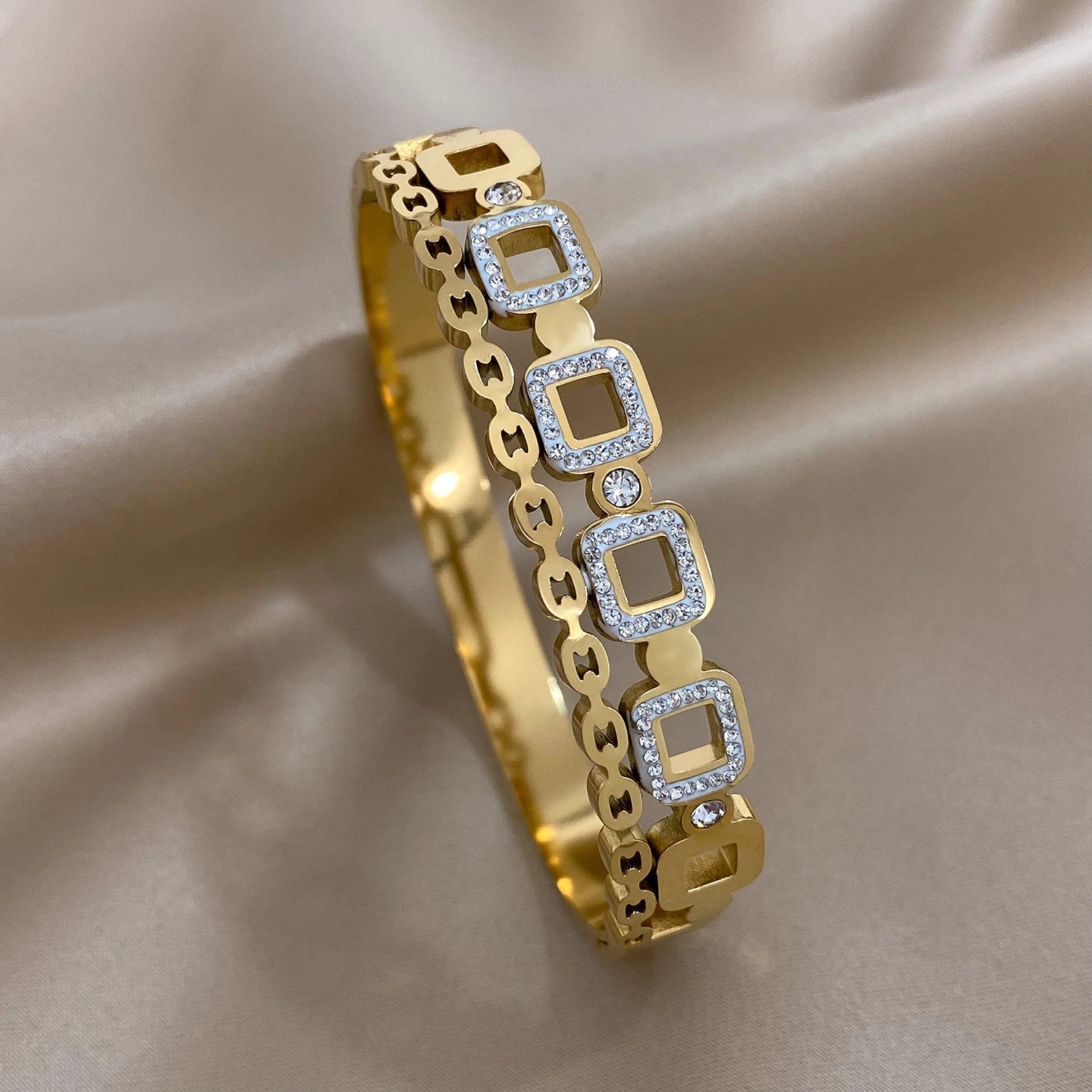 Elegant Wide Stainless Steel Bracelet with Green & White Rhinestones