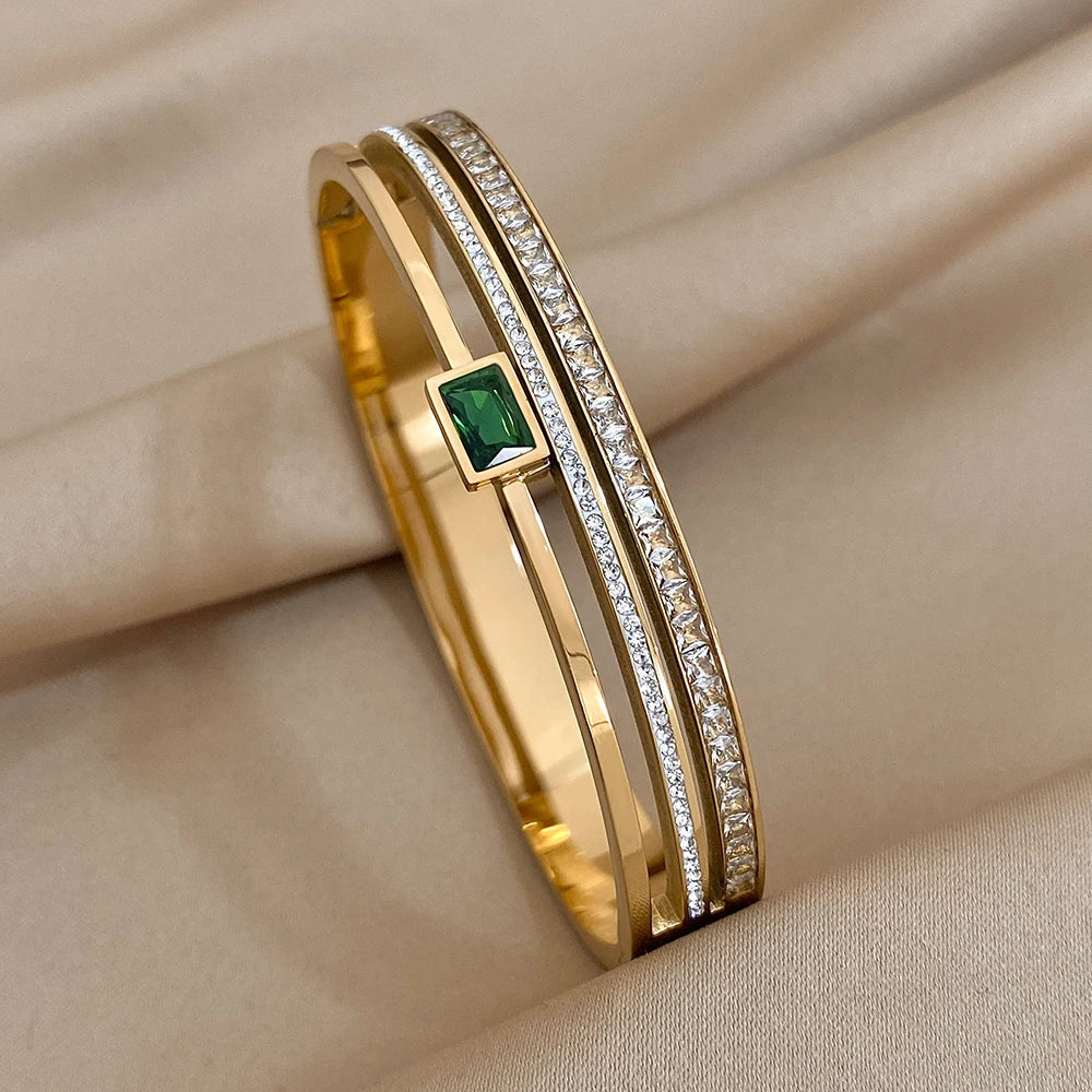 Elegant Wide Stainless Steel Bracelet with Green & White Rhinestones