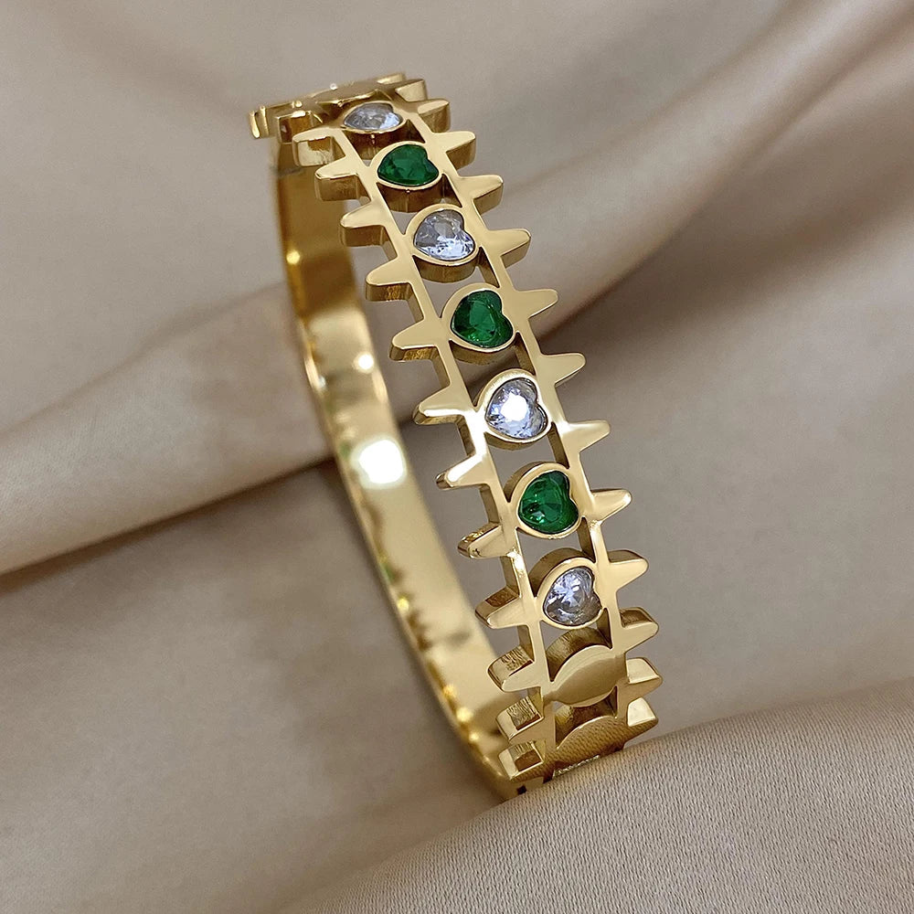 Elegant Wide Stainless Steel Bracelet with Green & White Rhinestones