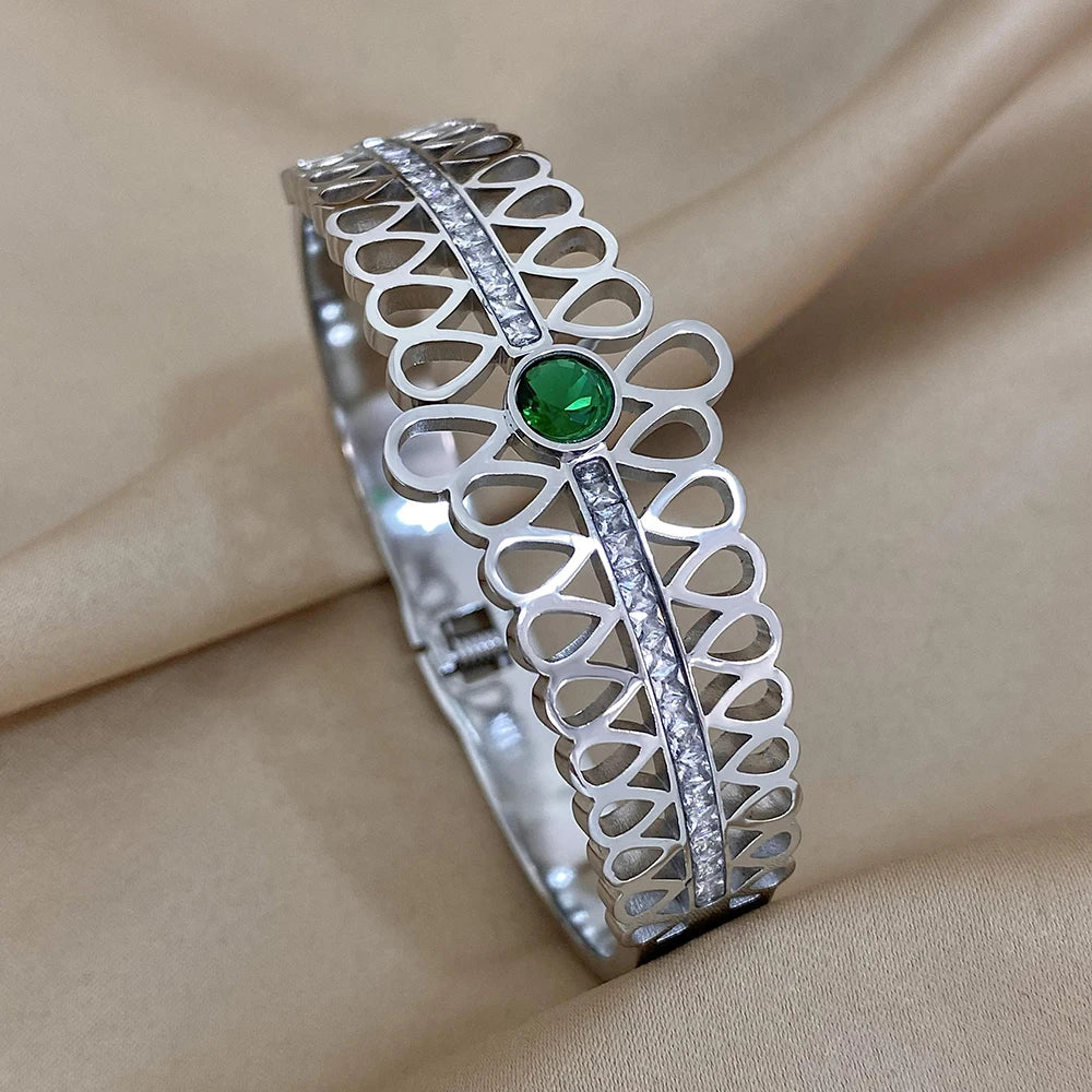 Elegant Wide Stainless Steel Bracelet with Green & White Rhinestones