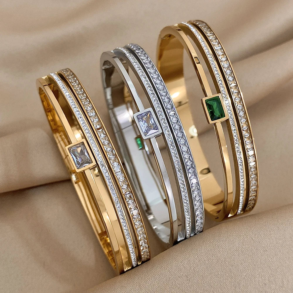 Elegant Wide Stainless Steel Bracelet with Green & White Rhinestones