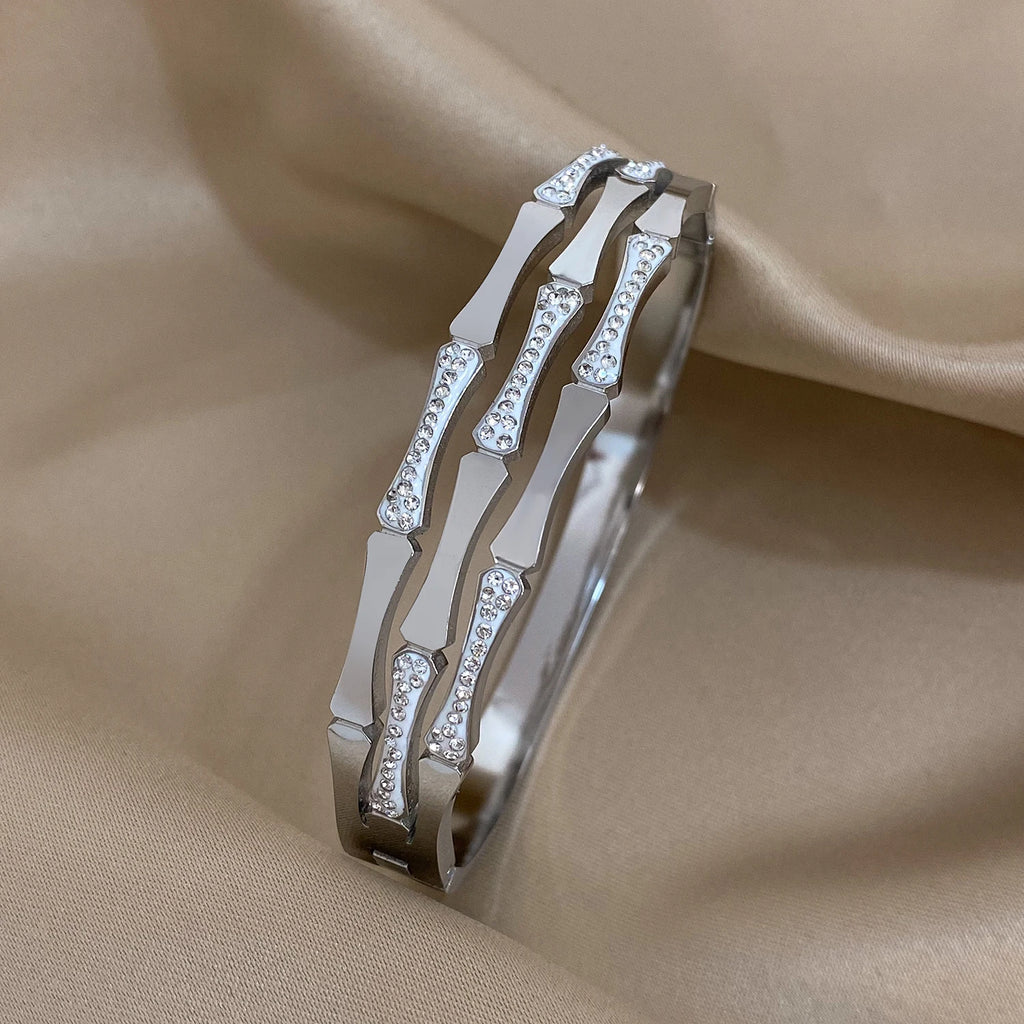 Elegant Wide Stainless Steel Bracelet with Green & White Rhinestones