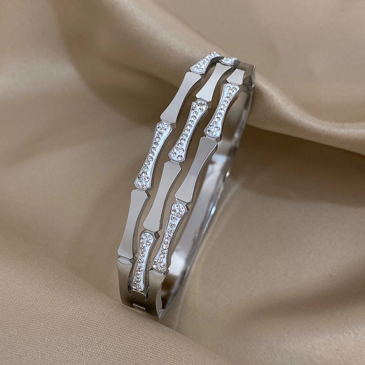 Elegant Wide Stainless Steel Bracelet with Green & White Rhinestones