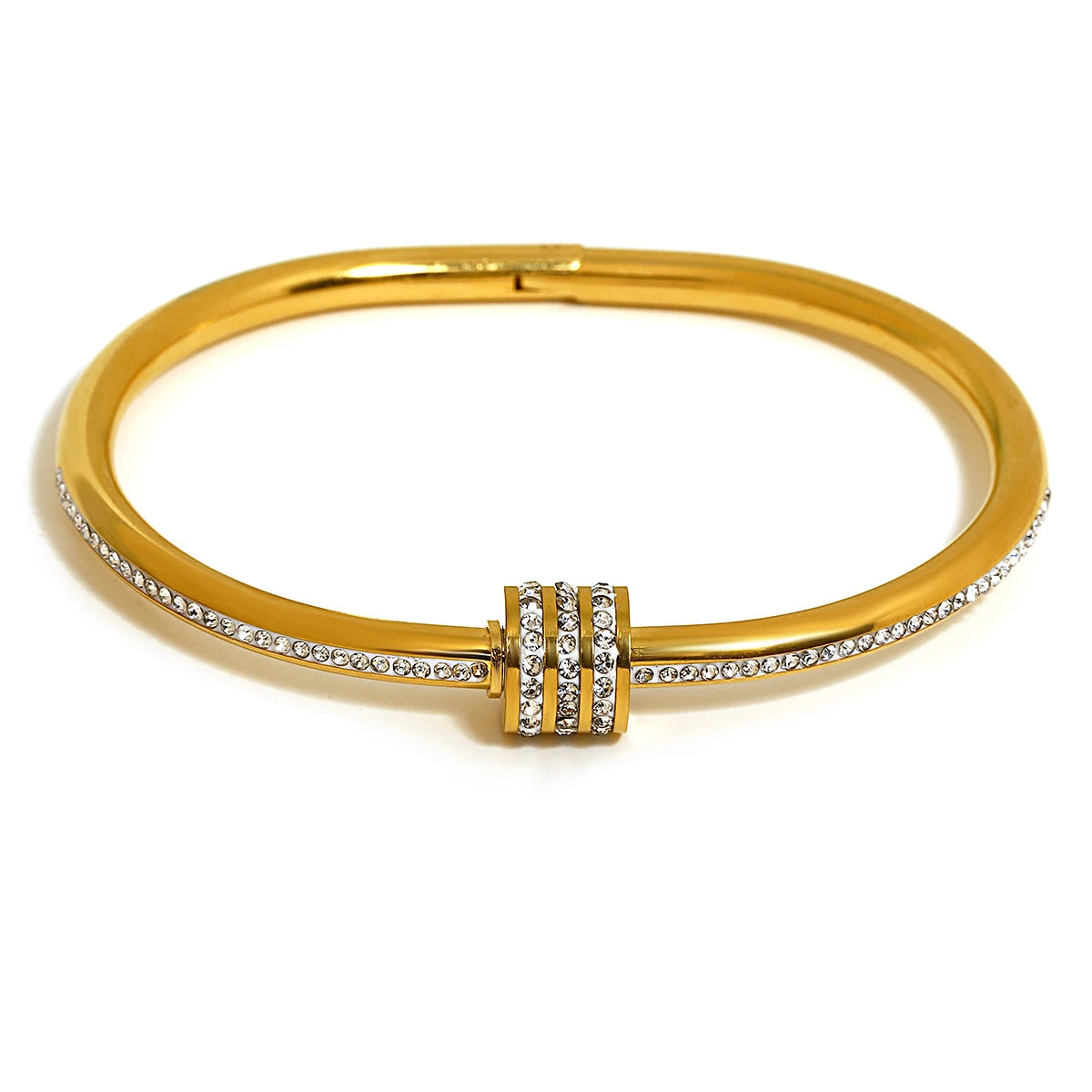 Elegant Wide Stainless Steel Bracelet with Green & White Rhinestones