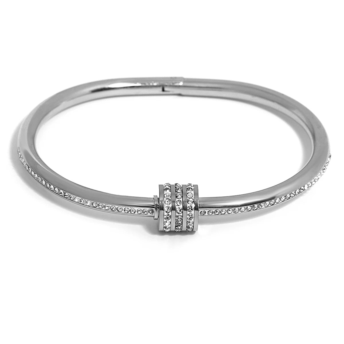 Elegant Wide Stainless Steel Bracelet with Green & White Rhinestones