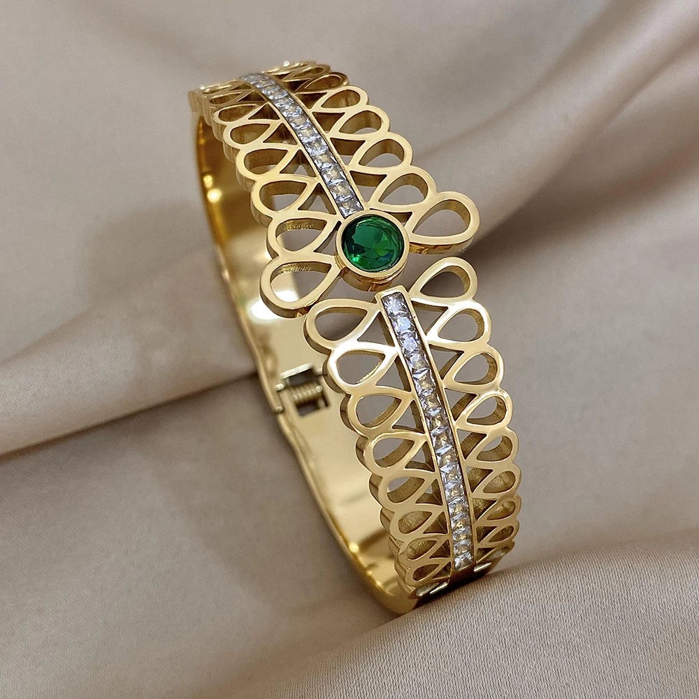 Elegant Wide Stainless Steel Bracelet with Green & White Rhinestones