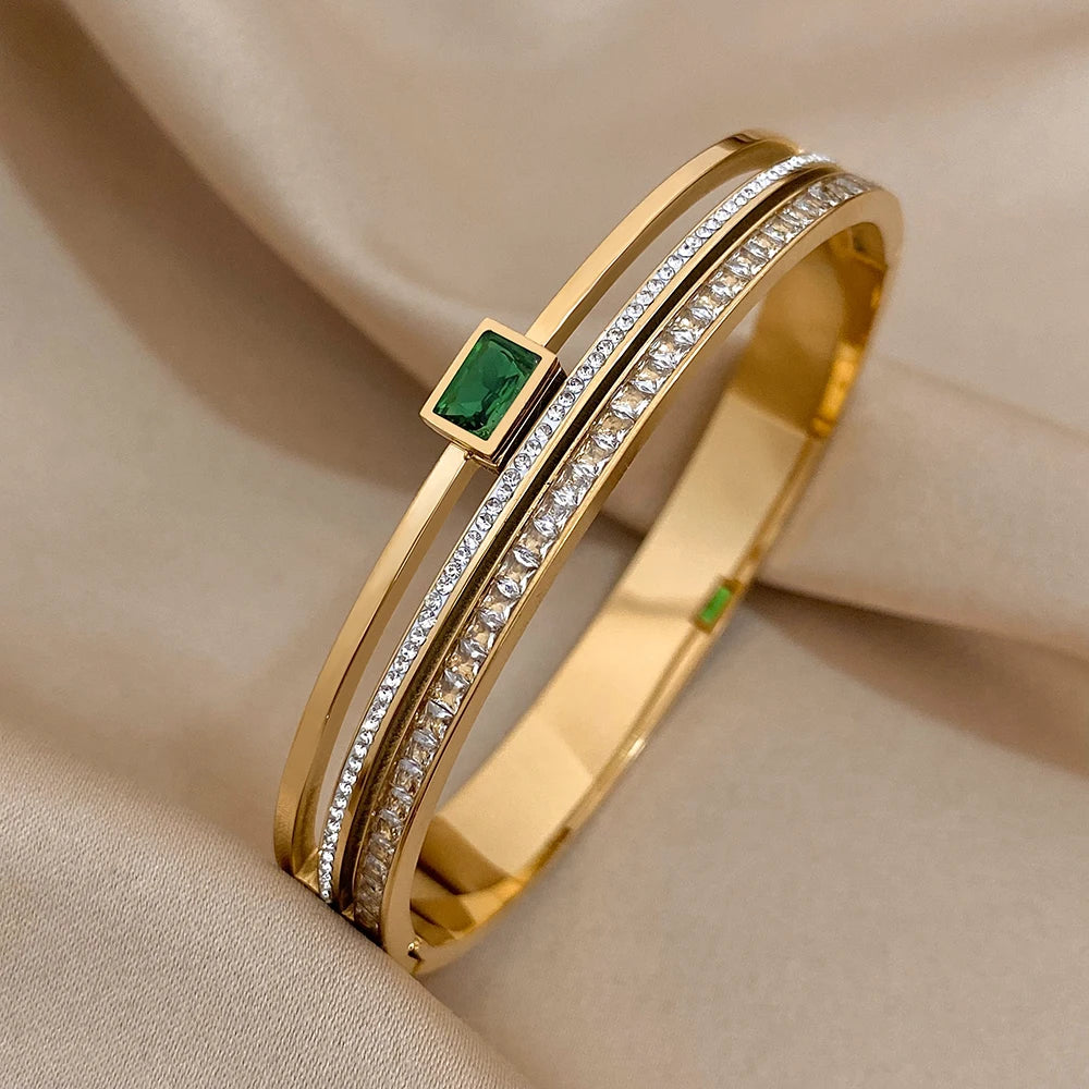 Elegant Wide Stainless Steel Bracelet with Green & White Rhinestones