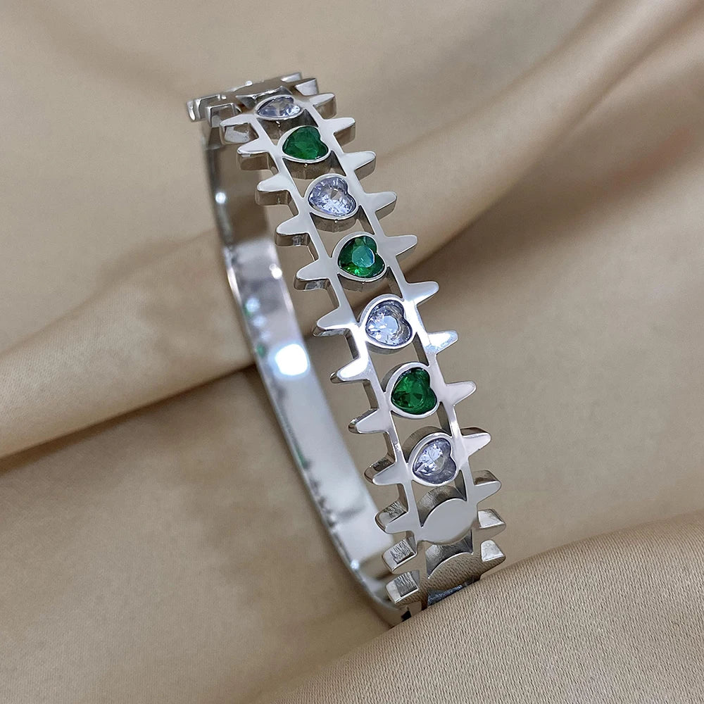 Elegant Wide Stainless Steel Bracelet with Green & White Rhinestones