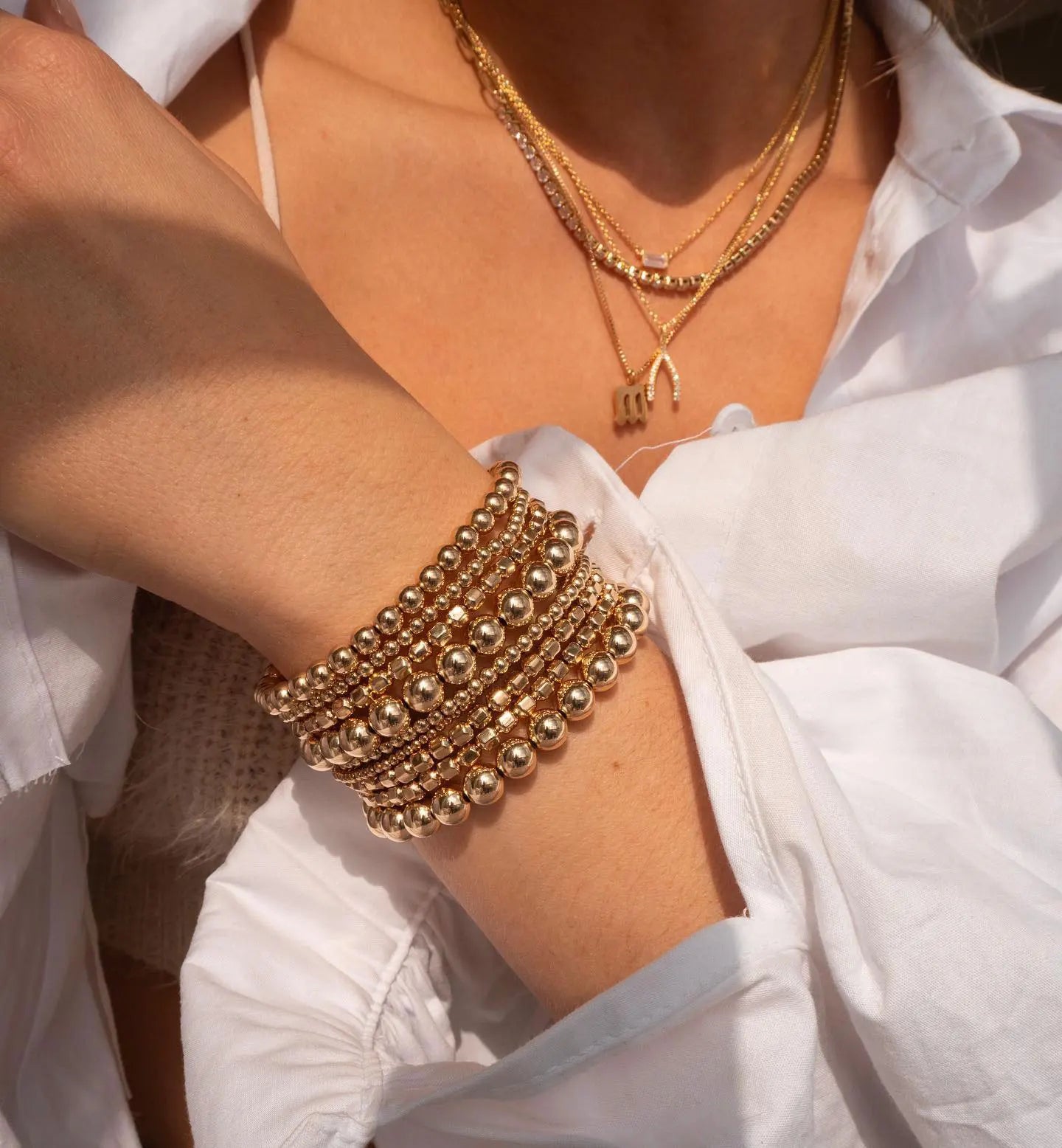 Gold Beaded Statement Bangle – Waterproof Stainless Steel