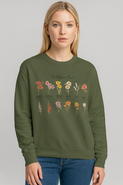 Birth Flower Chart Sweatshirt - Personalized Birthday Flowers Crewneck, Botanical Floral Gift for Women, Cozy Aesthetic Pullover
