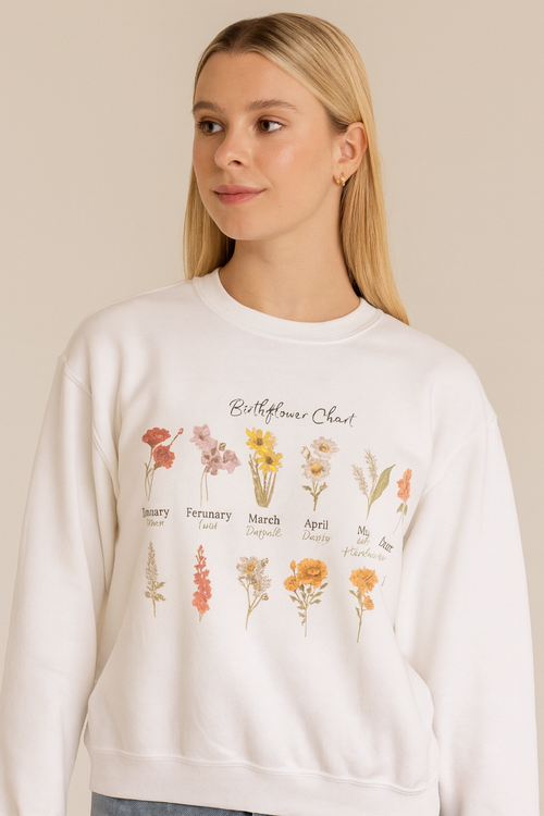 Birth Flower Chart Sweatshirt - Personalized Birthday Flowers Crewneck, Botanical Floral Gift for Women, Cozy Aesthetic Pullover