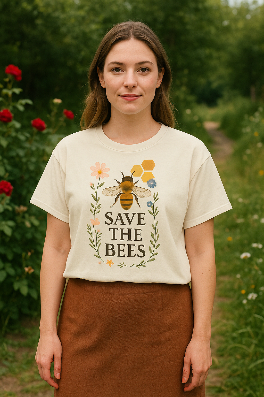 Save the Bees T-Shirt, Nature-Inspired Bee Lover Shirt, Eco-Friendly Graphic Tee,  Flower and Honeycomb Print, Organic Message Tee