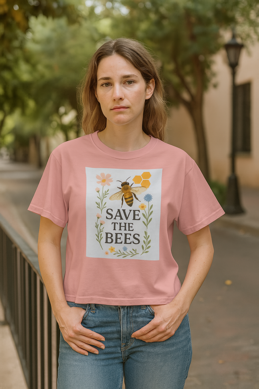 Save the Bees T-Shirt, Nature-Inspired Bee Lover Shirt, Eco-Friendly Graphic Tee,  Flower and Honeycomb Print, Organic Message Tee