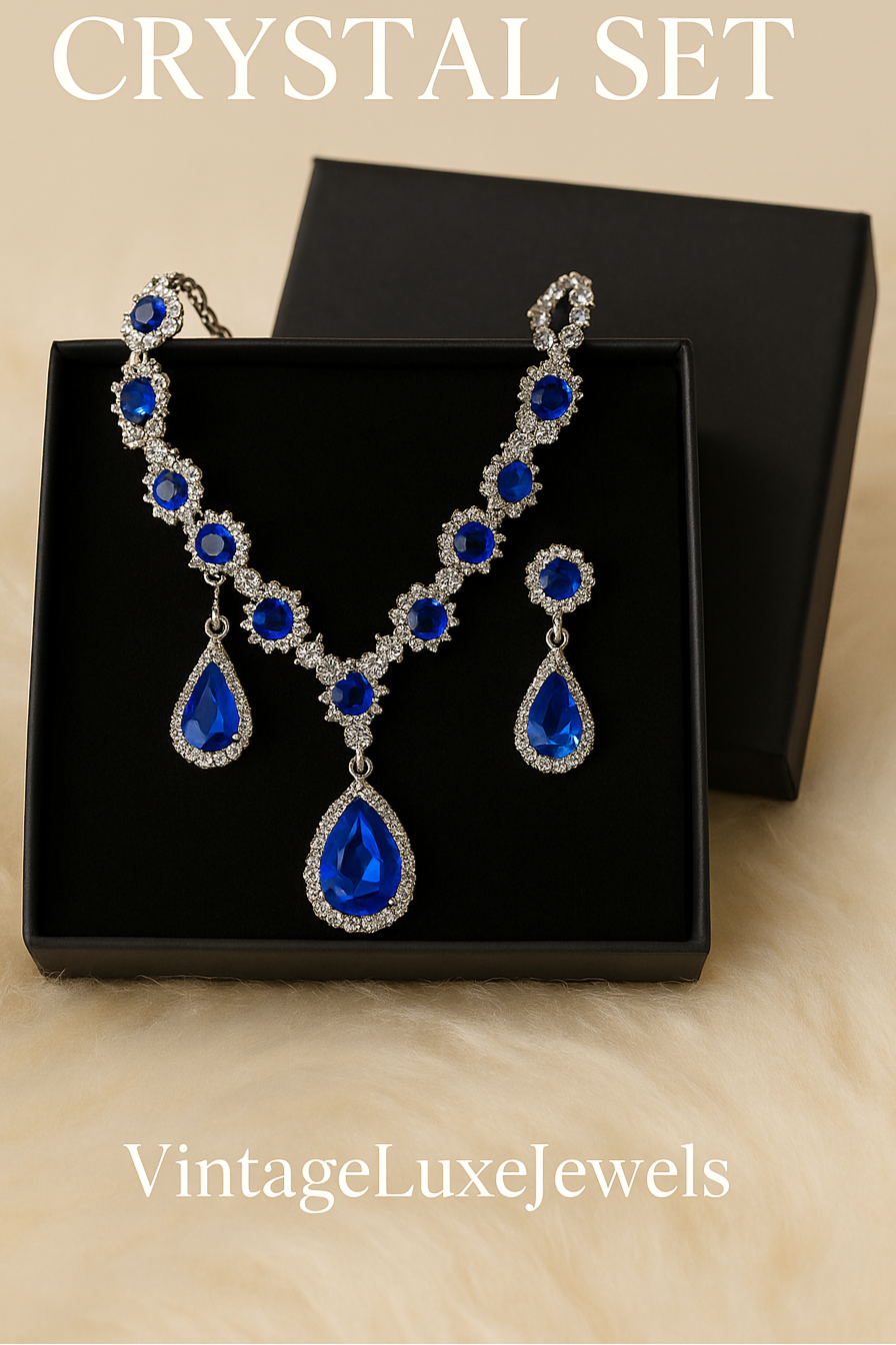 Royal Blue Crystal Necklace & Earring Set – Elegant Wedding & Evening Jewelry