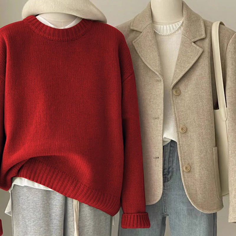 Retro Dark Green Loose Knit Sweater – Cozy Autumn & Winter Style for Women