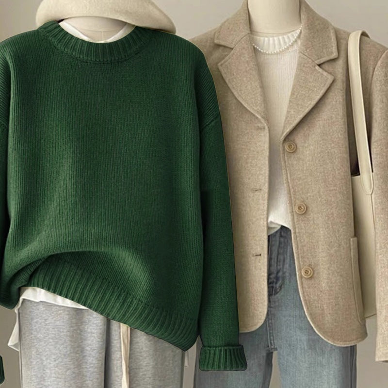 Retro Dark Green Loose Knit Sweater – Cozy Autumn & Winter Style for Women