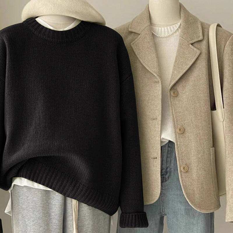 Retro Dark Green Loose Knit Sweater – Cozy Autumn & Winter Style for Women