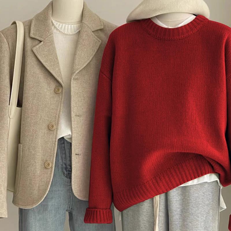 Retro Dark Green Loose Knit Sweater – Cozy Autumn & Winter Style for Women
