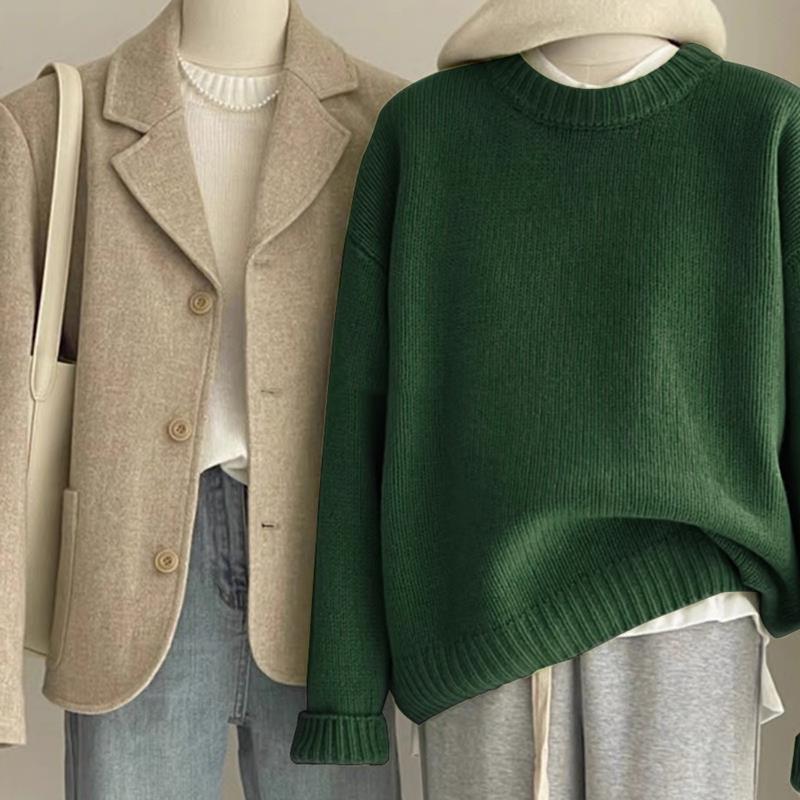 Retro Dark Green Loose Knit Sweater – Cozy Autumn & Winter Style for Women