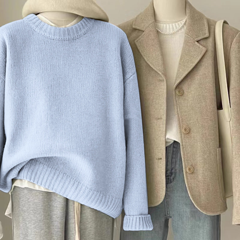 Retro Dark Green Loose Knit Sweater – Cozy Autumn & Winter Style for Women