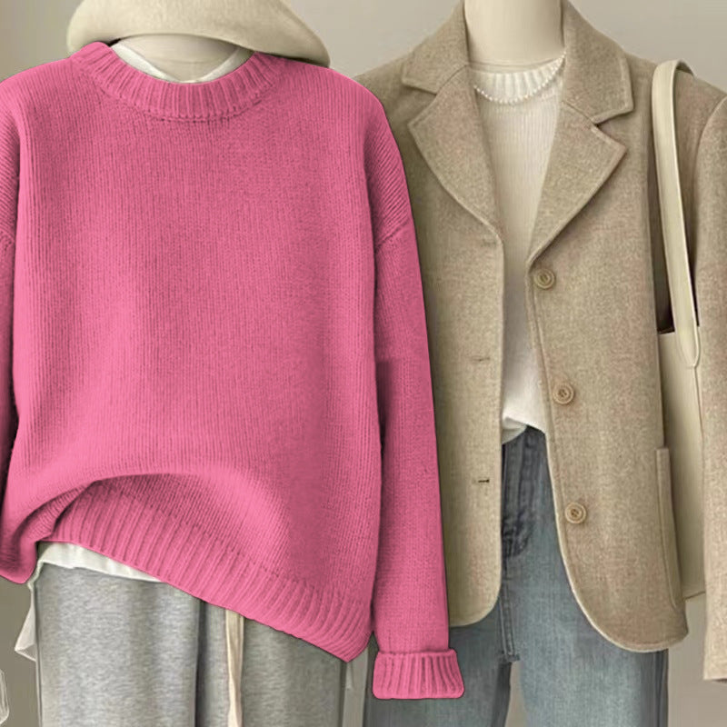 Retro Dark Green Loose Knit Sweater – Cozy Autumn & Winter Style for Women