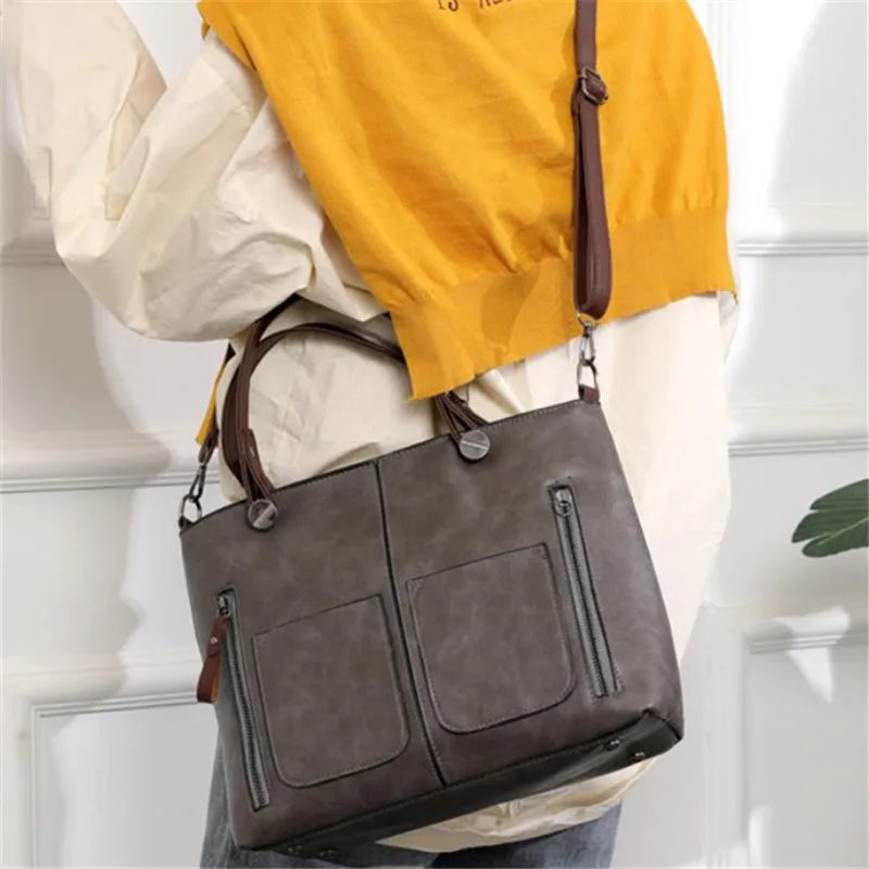 Vintage Brown Leather Tote Bag with Multi-Pocket Design