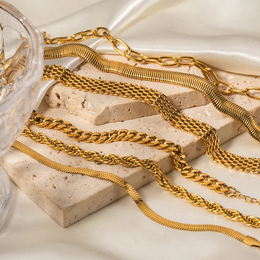 Textured Gold Link Chain Bangle – Waterproof Stainless Steel