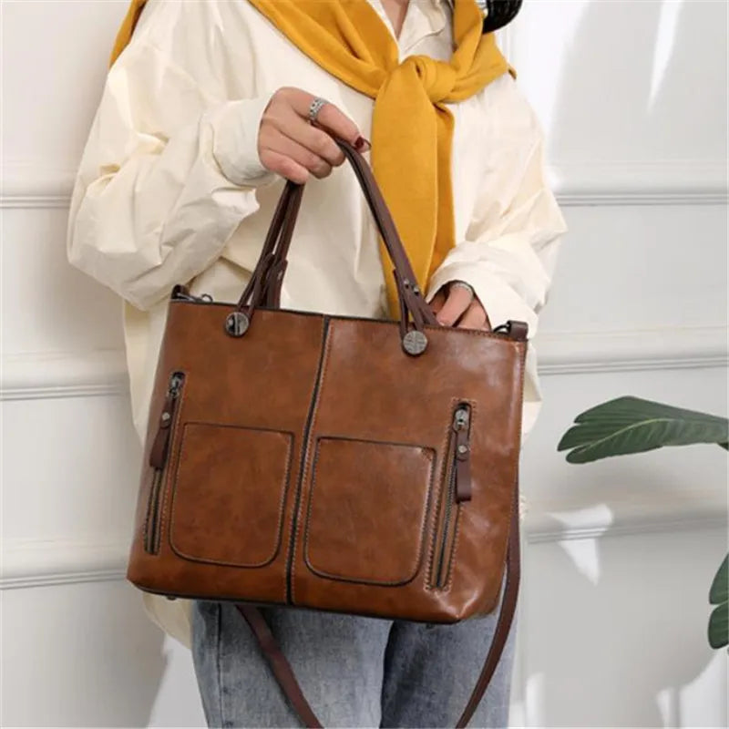 Vintage Brown Leather Tote Bag with Multi-Pocket Design
