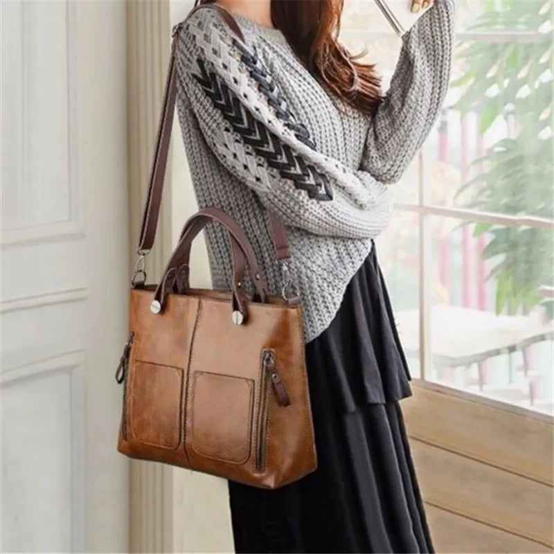 Vintage Brown Leather Tote Bag with Multi-Pocket Design