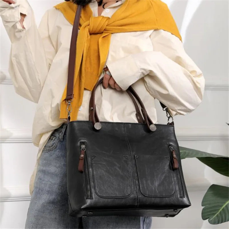 Vintage Brown Leather Tote Bag with Multi-Pocket Design