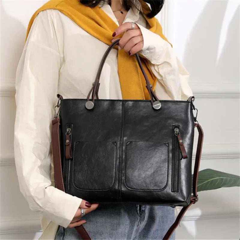 Vintage Brown Leather Tote Bag with Multi-Pocket Design