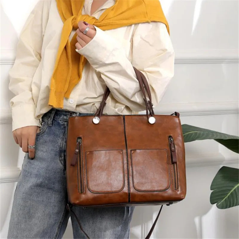 Vintage Brown Leather Tote Bag with Multi-Pocket Design