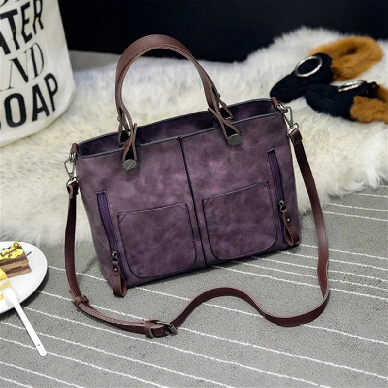 Vintage Brown Leather Tote Bag with Multi-Pocket Design