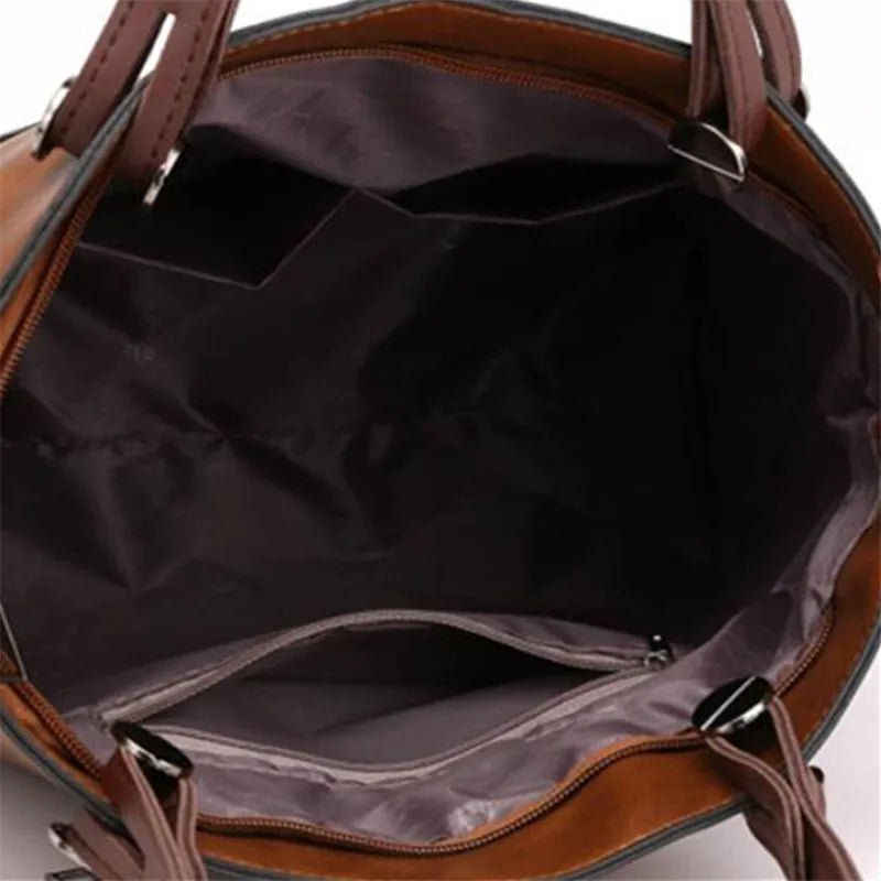 Vintage Brown Leather Tote Bag with Multi-Pocket Design