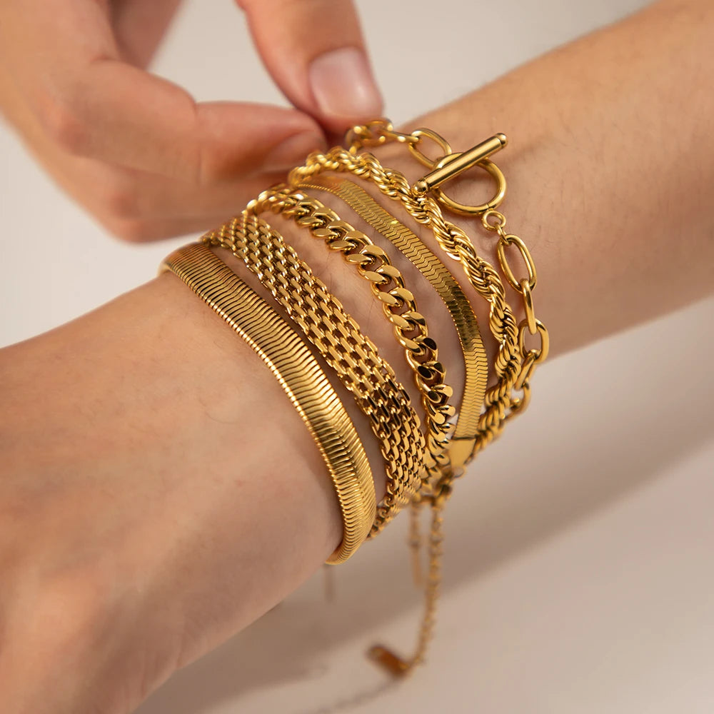 Textured Gold Link Chain Bangle – Waterproof Stainless Steel