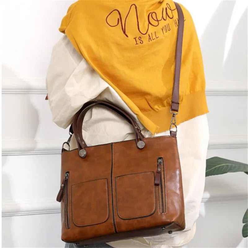 Vintage Brown Leather Tote Bag with Multi-Pocket Design