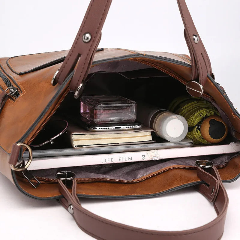 Vintage Brown Leather Tote Bag with Multi-Pocket Design