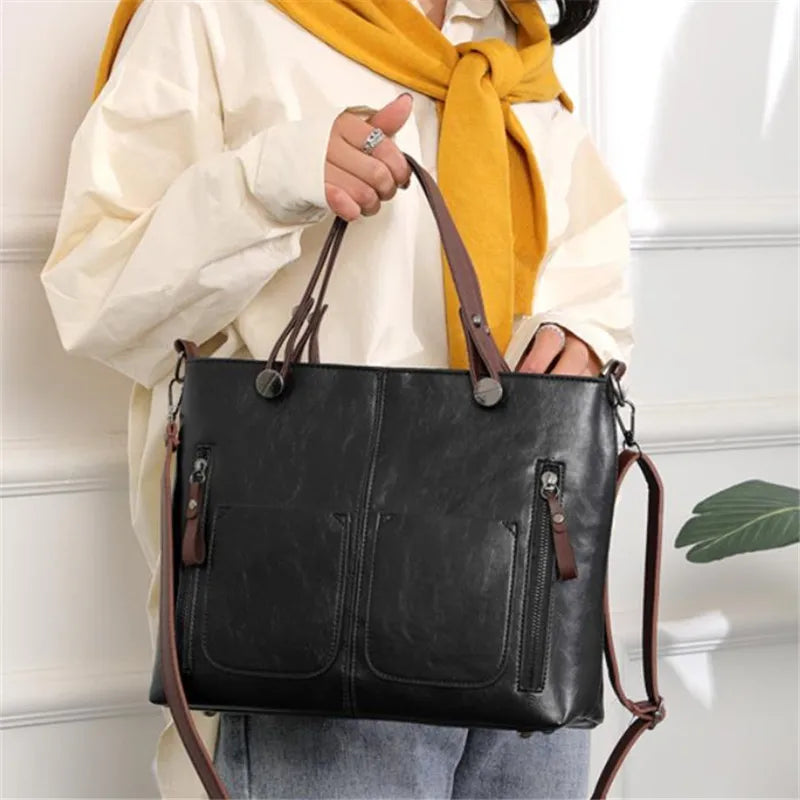 Vintage Brown Leather Tote Bag with Multi-Pocket Design