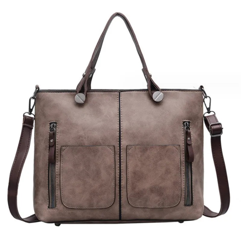 Vintage Brown Leather Tote Bag with Multi-Pocket Design